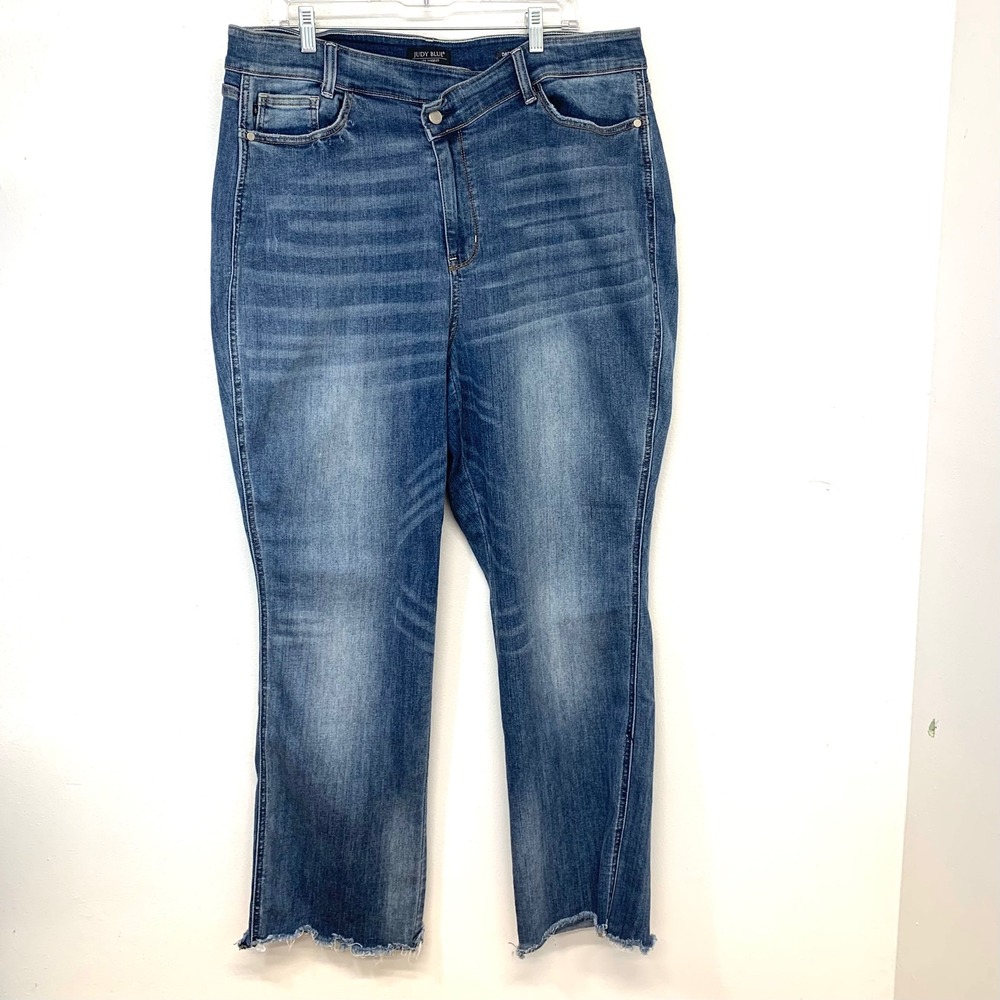 Judy Blue Dad Jean Cross Over Waist Raw Hem Medium Wash Boho SZ  20W Stretch‎